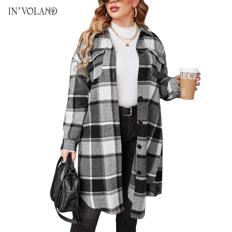 Holiday haul  IN'VOLAND Womens Plus Size Flannel Plaid Shirts Long Sleeve Lounge Lapel Boyfriend Button Down Tartan Long Jacket Coats Fabric Fashion Womenswear Check Fit Lightweight Oversized Comfort Loose Polyester Retro Suit Christmas