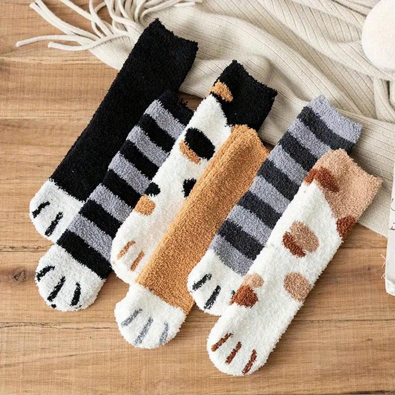 5 Pairs Women's Cozy Soft Plush Animal Socks Plush Cute Cat Paw Sleep Warm Socks Womenswear Underwear Womenswear Underwear