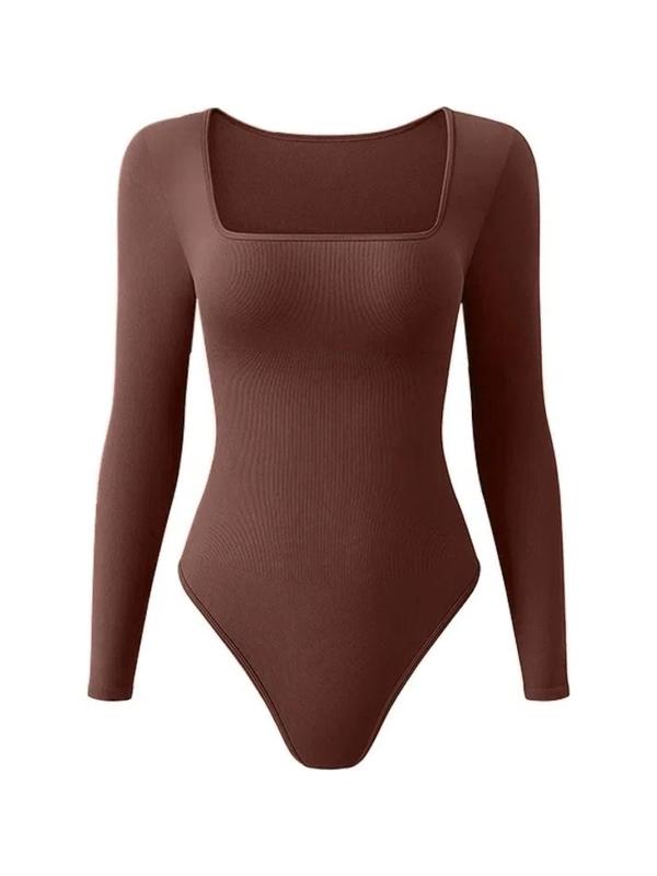 Solid Square Neck Long Sleeve Shapewear Bodysuit, Casual Comfy Tummy Control Shaper for Daily Wear, Ladies Shapewear for All Seasons Womenswear Tops Comfort Longsleeves