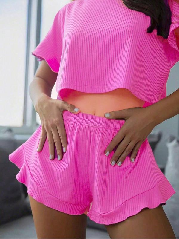 Two-piece Set Women's Solid Color Ruffle Hem Crop Top & Shorts Pyjama Set, Casual Comfy Drop Shoulder Top & Shorts Pj Set, Ladies Summer Sleepwear