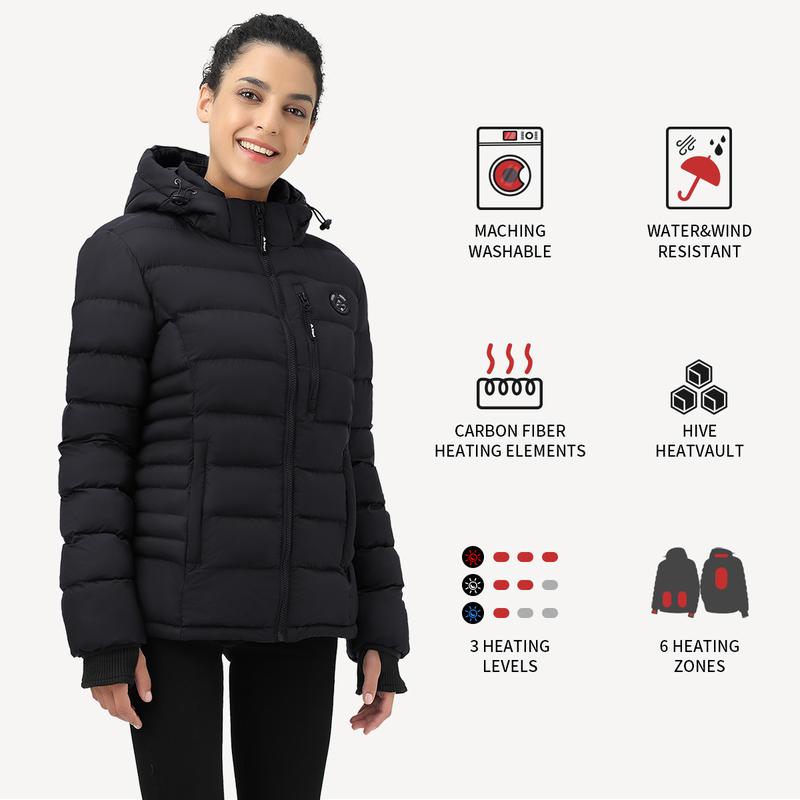 Women's Heated Puffer Jacket With 12V Battery Pack-Insulated Water-Resistant Hooded Hand-Heating Electric Womenswear Coats