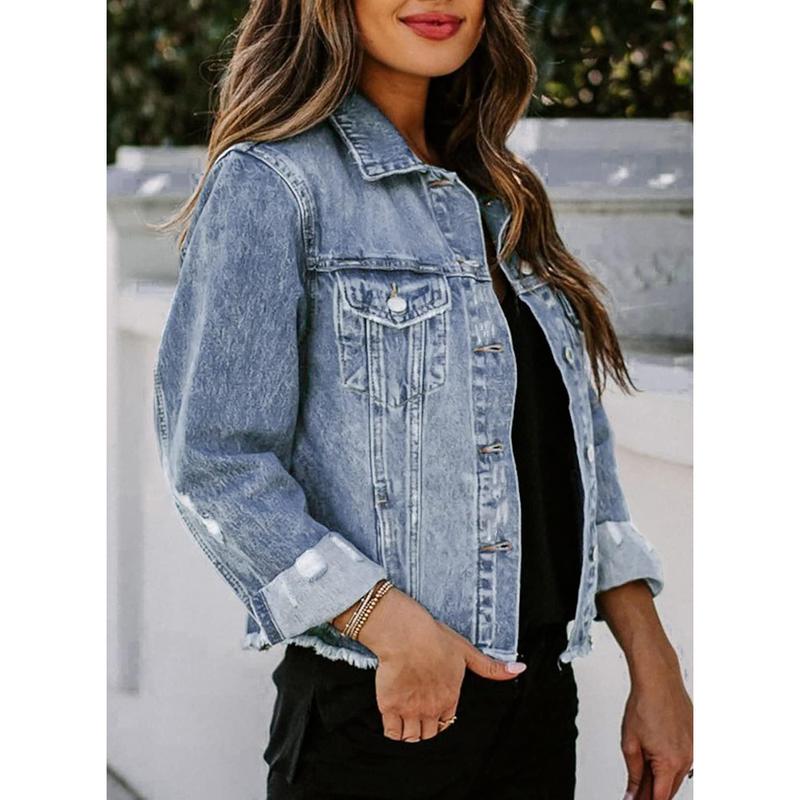 EVALESS Womens Boyfriend Washed Crop Denim Jacket Long Sleeve Button Distressed Ripped Slim Non Stretch Jean Coat-Short Style