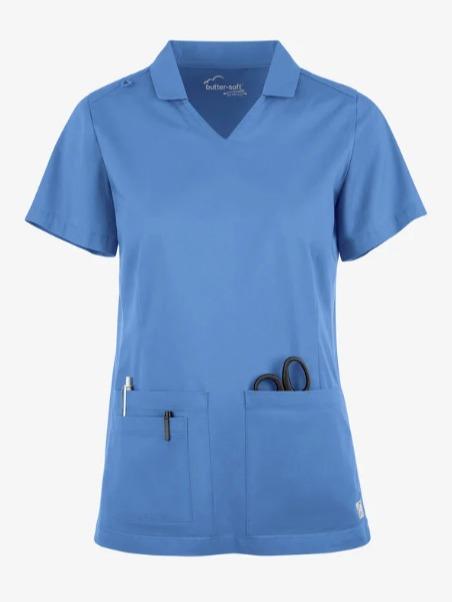 Butter-Soft STRETCH Women's 3-Pocket Short Sleeve Collar and Knit Panels Scrub Top