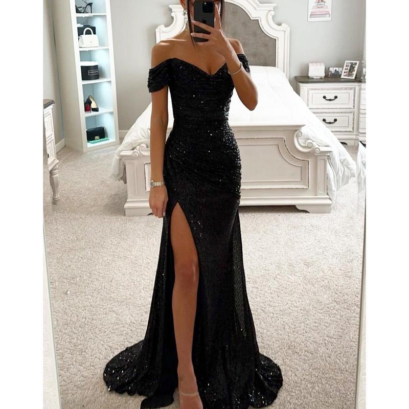 Party Sequins Off-neck Split Dress INS Casual Fashion Dress Women 2024 Prom Wedding Club Party Any Occasion Dress  Fabric Womenswear