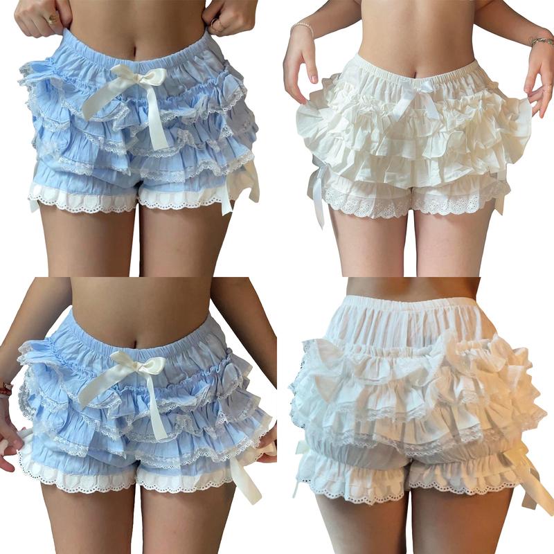 Women Y2k Lolita Bloomers Ruffle Pumpkin Panties Bottom Lace Trim Layered High Waist Shorts Pettipants Lounge Homewear Streetwear