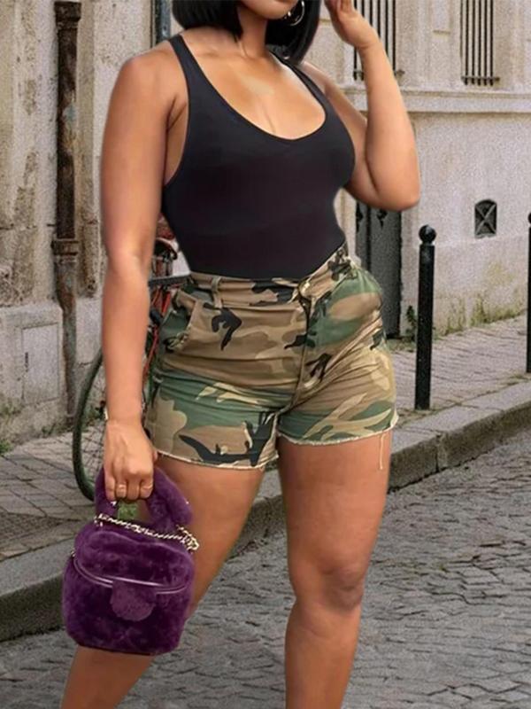 Women's Camo Print High Waist Shorts, Casual Pocket Button Design Shorts for Daily Wear, Ladies Bottoms for All Seasons