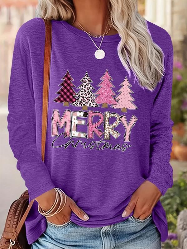 Women's Christmas Tree & Letter Print Drop Shoulder Tee, Casual Long Sleeve Round Neck Pullover for Daily Wear, Ladies Fall & Winter Clothes