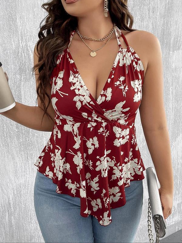  Vintage Floral Print Ruched Tie Back Cami Top, Boho Elegant Backless Halter Top for Daily Holiday Vacation Wear, Back To School Clothes, Women Plus Clothing for Summer