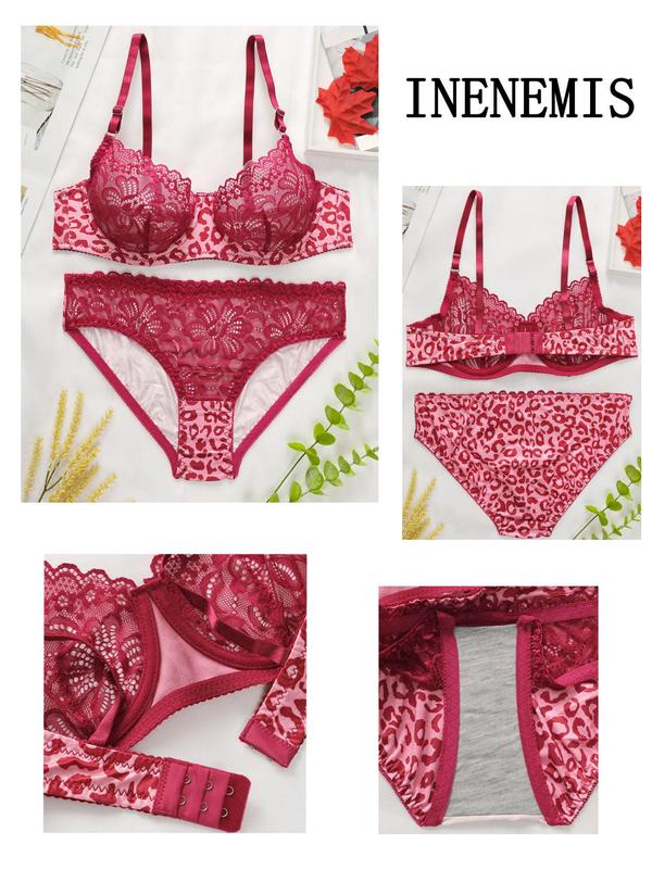 Two-Piece Set Women's Leopard Lace Push Up Bra & Panty Set, Underwired Bralette & Panties Lingerie Set, Adjustable Strap Bras & Comfort Briefs, Women's Lingerie & Underwear