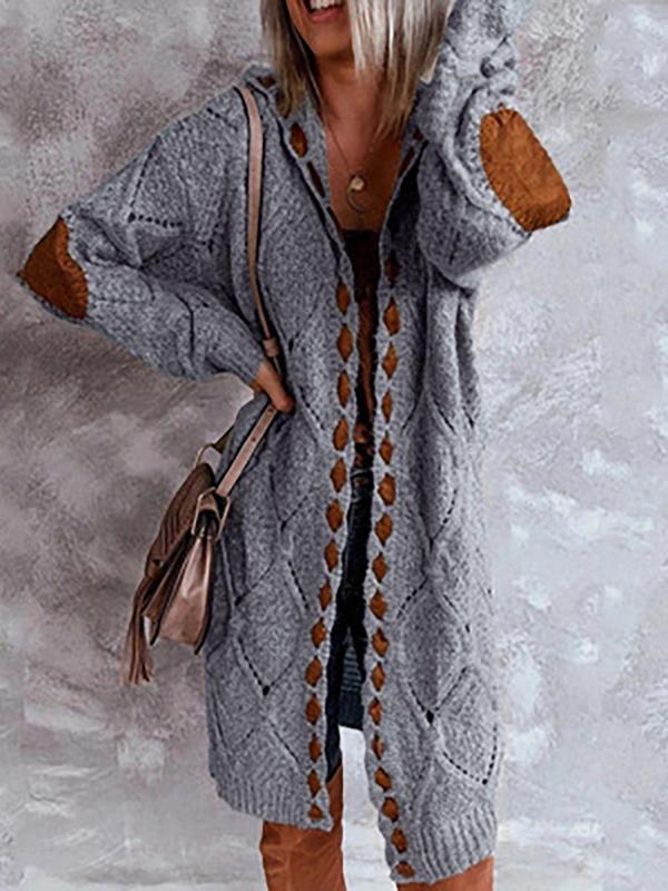  Women's Patchwork Print Drop Shoulder Cable Knit Hooded Cardigan, Cardigan for Women, Casual Long Sleeve Knitwear for Fall, Women's Clothes, Vintage Clothing Vintage Clothes