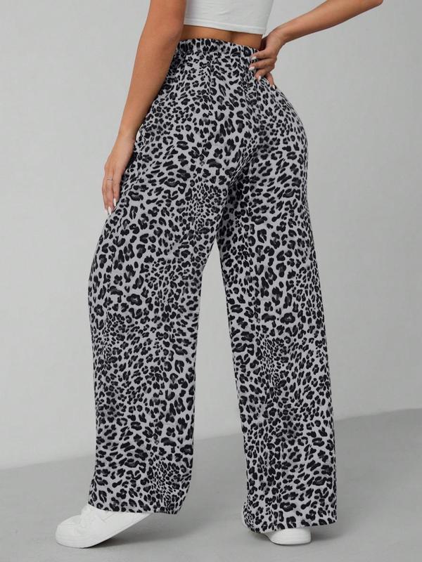 Women's Leopard Print Tie Front Pocket Wide Leg Pants, Casual Comfy Straight Leg Trousers for Daily Wear, Ladies Bottoms for All Seasons