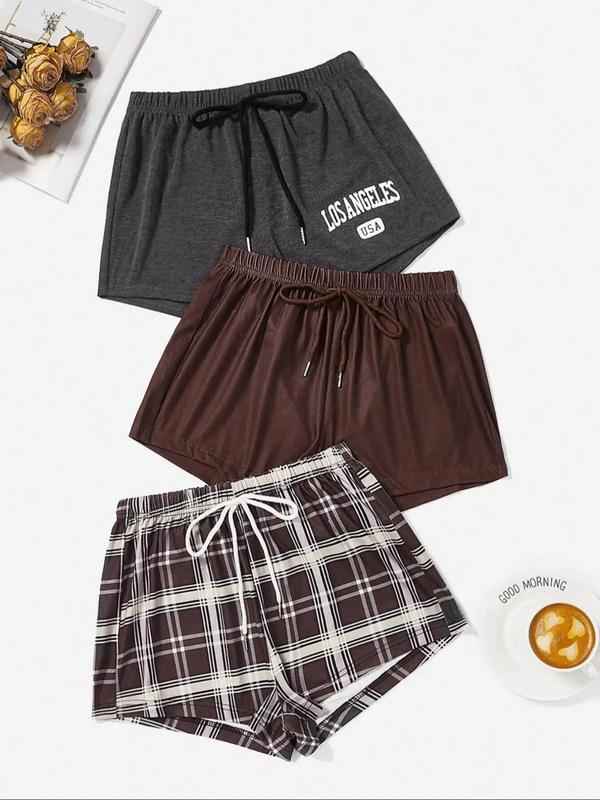 Women's Letter & Plaid Print Tie Front Shorts, Back To School Outfits, Casual Elastic Waist Shorts for Summer,  Shorts for Women, Fashion Women's Bottoms for Daily Wear Downtown Girl Clothes Womenswear Comfort Pocket