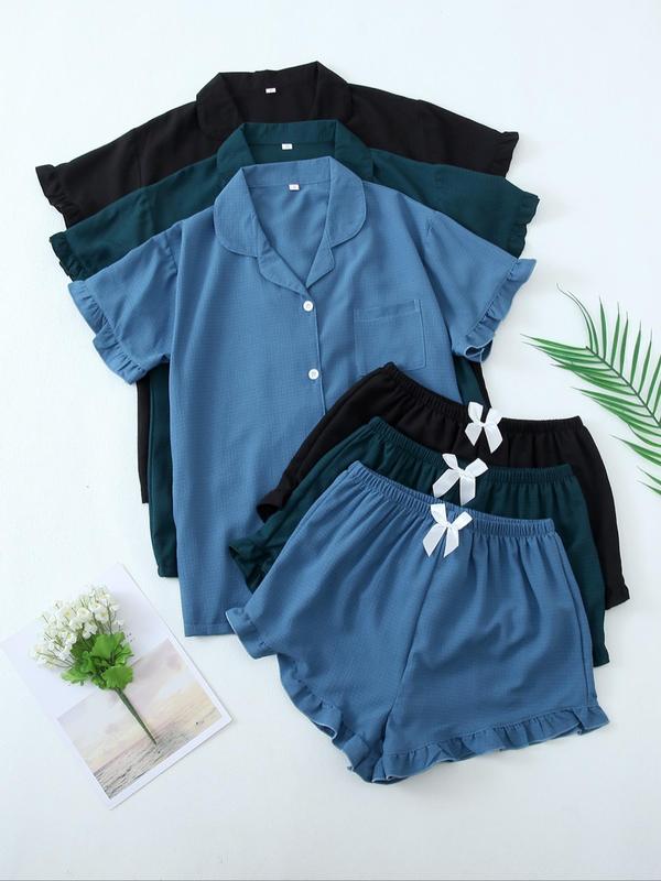 6 Pieces Women's Plain Ruffle Trim Button Front Lapel Shirt & Bow Decor Elastic Waist Shorts Pyjama Set, Casual Soft Comfortable Short Sleeve Top & Shorts Loungewear Set, Comfy Sleepwear Set for Women