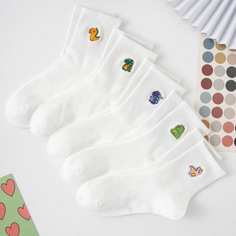 5pairs Women Dinosaur Embroidery Casual Crew Socks for Daily Life - Ankle Socks - Womenswear