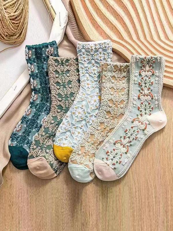 Women's 5 Pairs Ethnic Pattern Crew Socks, Fashion Casual Cozy Socks for Daily Outdoor Wear, Women Socks for All Seasons, Cold Weather Gear