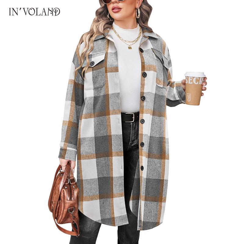 Holiday haul  IN'VOLAND Womens Plus Size Flannel Plaid Shirts Long Sleeve Lounge Lapel Boyfriend Button Down Tartan Long Jacket Coats Fabric Fashion Womenswear Check Fit Lightweight Oversized Comfort Loose Polyester Retro Suit Christmas