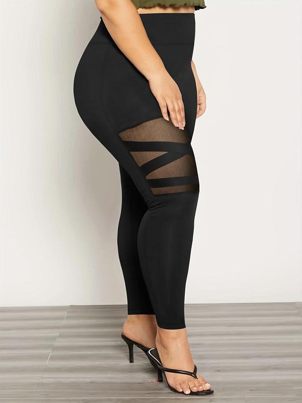  Contrast Mesh Cut Out High Waist Leggings, Casual Comfy Breathable Skinny Pants for Daily Wear, Women's Bottoms for Fall & Winter