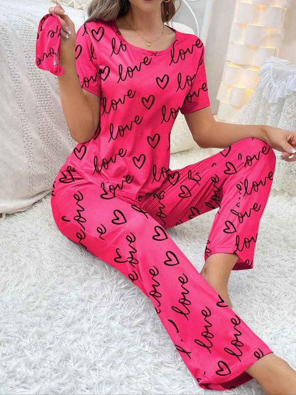 Two-Piece Set Women's Heart Print Tee & Pj Pants Pajama Set, Summer Clothes Women, Summer Wear, Crew Neck Shortsleeve T-shirt & Trousers Pj Set, Comfort Casual Comfy Pajamas Set, Lady Sleepwear & Loungewear Set for Summer Homewear, Black Girl Wear