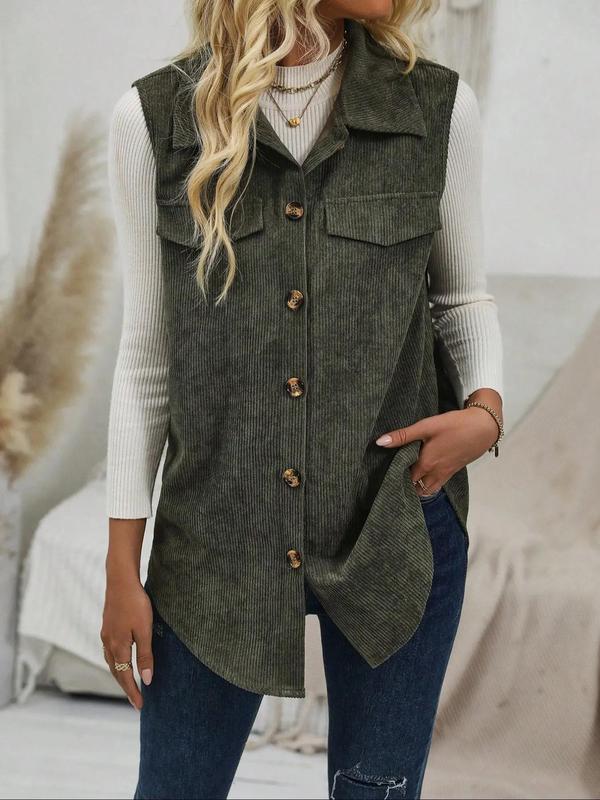 Women's Plain Button Front Corduroy Vest, Casual Sleeveless Collared Outerwear for Daily Wear, Ladies Clothes for All Seasons