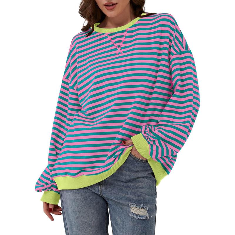 Women Striped Color Block Long Sleeve Crew Neck Sweatshirt Casual Loose Pullover Top