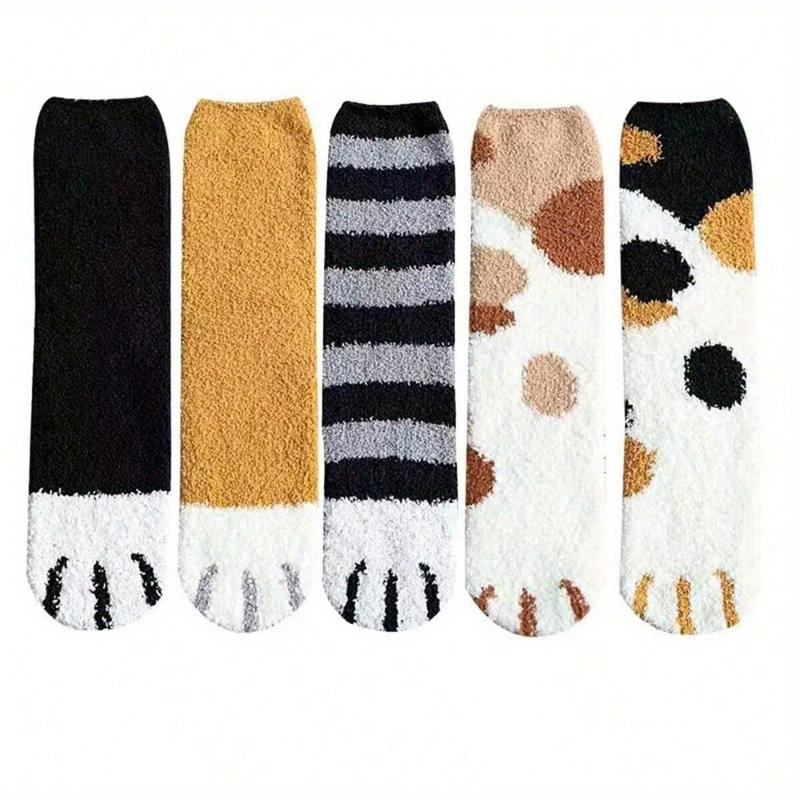 5 Pairs Women's Cozy Soft Plush Animal Socks Plush Cute Cat Paw Sleep Warm Socks Womenswear Underwear Womenswear Underwear