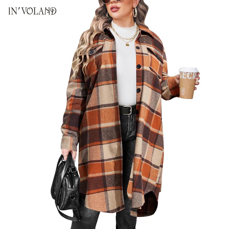 Holiday haul  IN'VOLAND Womens Plus Size Flannel Plaid Shirts Long Sleeve Lounge Lapel Boyfriend Button Down Tartan Long Jacket Coats Fabric Fashion Womenswear Check Fit Lightweight Oversized Comfort Loose Polyester Retro Suit Christmas