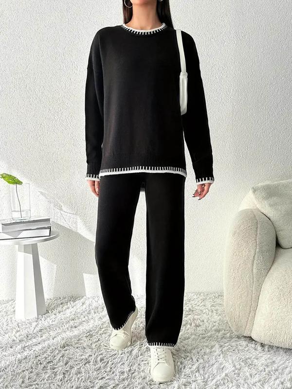 Women's Colorblock Split Hem Drop Shoulder Sweater Pullover & Straight Leg Pants Two-piece Set, Casual Fashion Cozy Knitwear Set for Daily Outdoor Wear, Women Knitwear for Fall & Winter