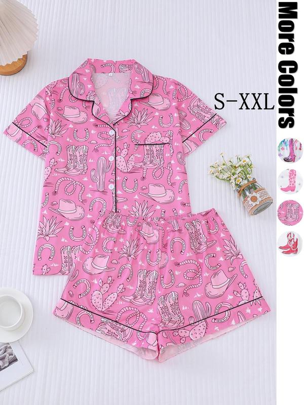 Two-piece Set Women's All Over Print Lapel Neck Button Front Shirt & Elastic Waist Shorts Pajama, Western Cowboy Style Casual Comfy Short Sleeve Pocket Top & Shorts Pj Set, Ladies Sleepwear for All Seasons