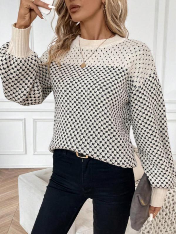  Houndstooth Print Drop Shoulder Sweater, Casual Long Sleeve Round Neck Jumper for Daily Outdoor Wear, Women Plus Clothing for All Seasons