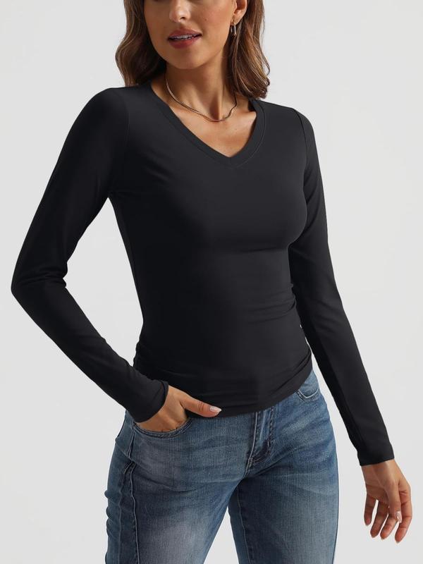 Women's Plain V Neck Long Sleeve Tee, Casual Solid T-Shirt for Spring & Fall, Women's Top for Daily Wear