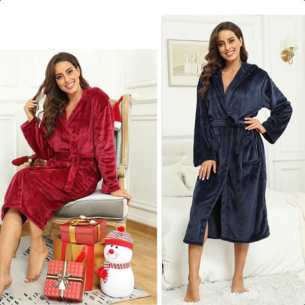 Christmas Gift Women's Plush Hooded Bathrobe Winter Warm Robes Soft Fleece Long Robe Luxury Dressing Gown