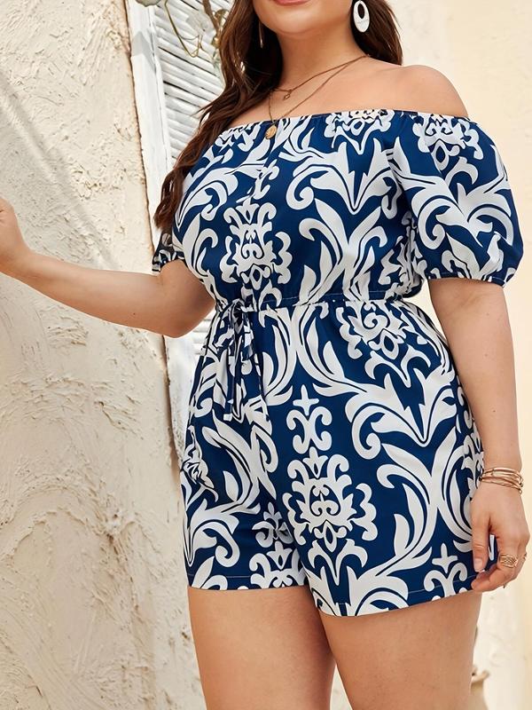 Plus Size Off Shoulder Tie Front  Graphic Romper, Boho Puff Sleeve Jumpsuit for Daily Holiday Vacation Wear, Women's Plus Clothing for Summer