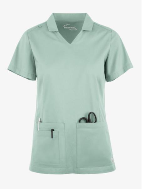 Butter-Soft STRETCH Women's 3-Pocket Short Sleeve Collar and Knit Panels Scrub Top