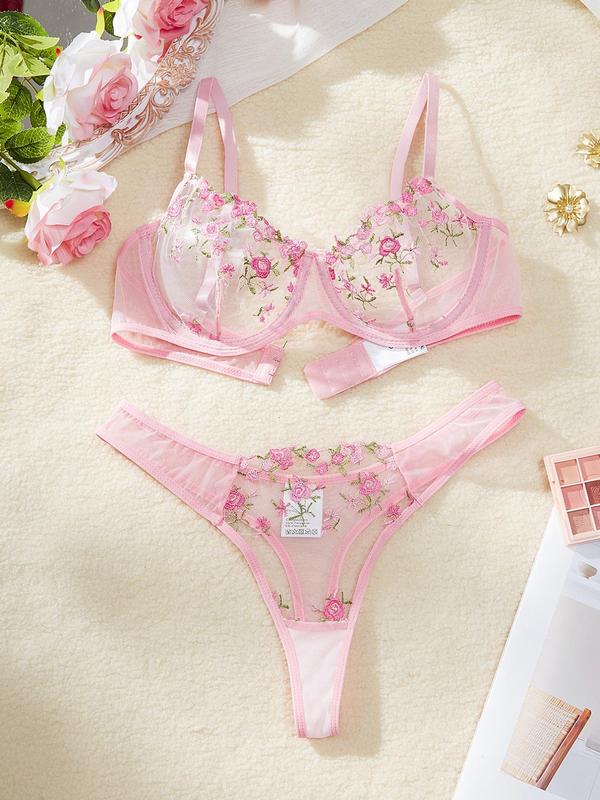 Women's Floral Embroidery Mesh Sexy Lingerie Set, Adjustable Strap Underwire Bra & Sheer Thong Set for Daily Wear, Fashion Comfy Sexy Underwear Set for Women