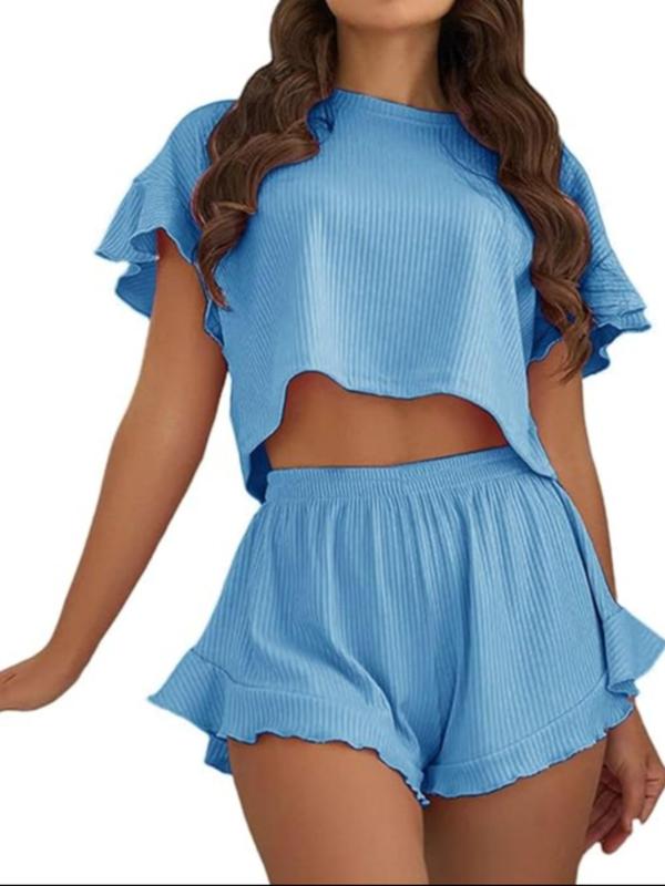 Two-piece Set Women's Solid Color Ruffle Hem Crop Top & Shorts Pyjama Set, Casual Comfy Drop Shoulder Top & Shorts Pj Set, Ladies Summer Sleepwear