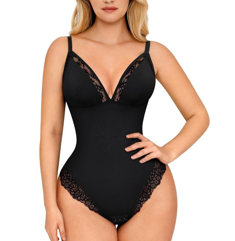 FeelinGirl Shapewear Bodysuits for Women Lace Shape wear Tummy Control Deep V-Neck Sleeveless Bodysuit Tops Jumpsuit