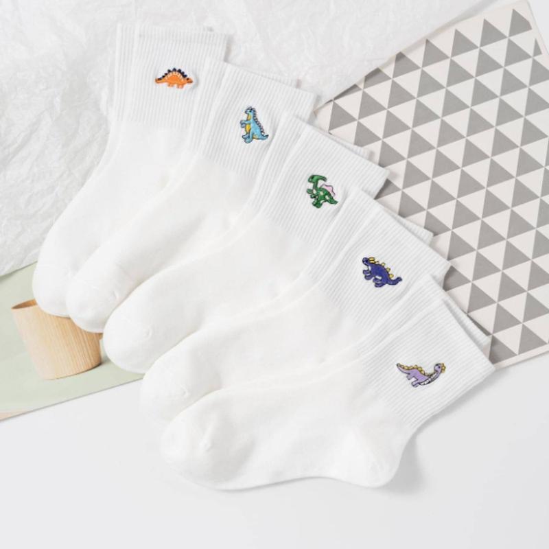 5pairs Women Dinosaur Embroidery Casual Crew Socks for Daily Life - Ankle Socks - Womenswear