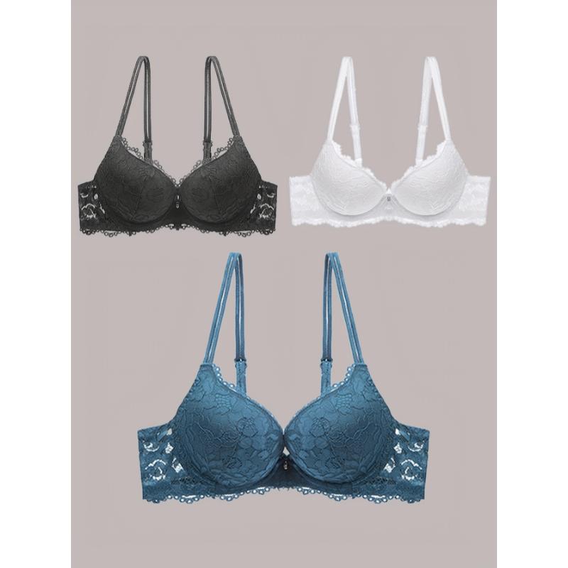 3pcs Contrast Lace Push Up Bras, Comfy & Breathable Intimates Bra, Women's Lingerie & Underwear casual lady sexy comfy