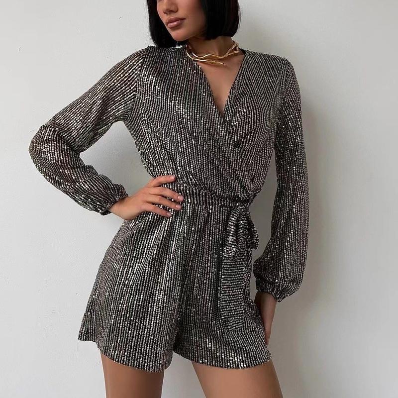 Holiday Party Fashion Sequin Long Sleeve Dress Jumpsuit