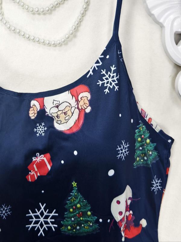 Women's Christmas Print Ruffle Hem Cami Nightdress, Casual Soft Comfortable Spaghetti Strap Nightgown for All Seasons, Fashion Ladies' Sleepwear for Christmas