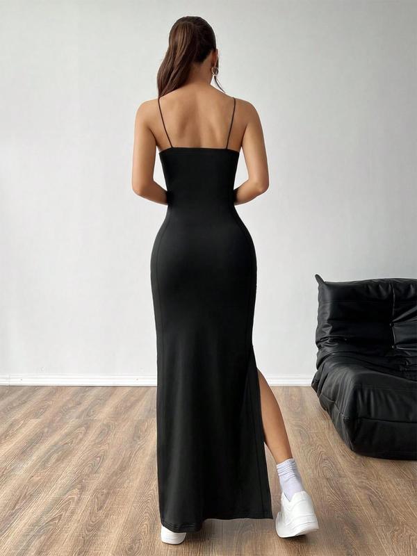 Women's Solid Backless Split Thigh Cami Dress, Elegant Sleeveless Long Dress for Party Club Dating Wear, Ladies Summer Clothes