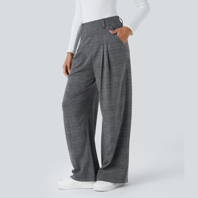 Halara High Waisted Side Pocket Wide Leg Houndstooth Plaid Casual Pants