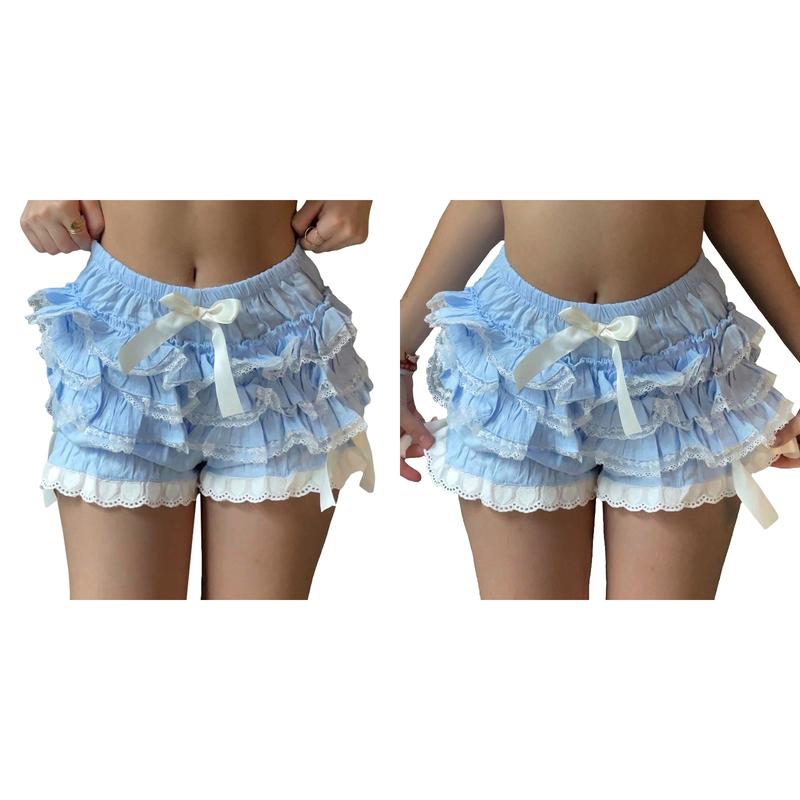 Women Y2k Lolita Bloomers Ruffle Pumpkin Panties Bottom Lace Trim Layered High Waist Shorts Pettipants Lounge Homewear Streetwear