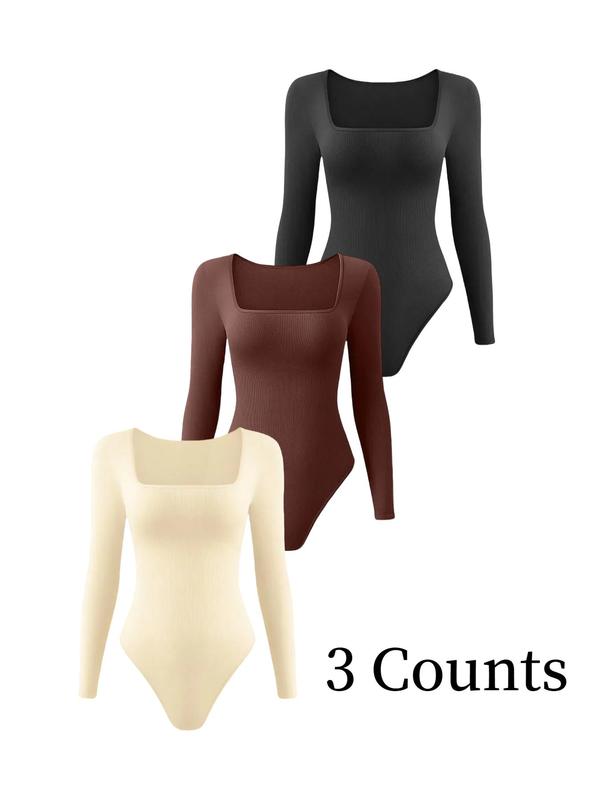 Solid Square Neck Long Sleeve Shapewear Bodysuit, Casual Comfy Tummy Control Shaper for Daily Wear, Ladies Shapewear for All Seasons Womenswear Tops Comfort Longsleeves