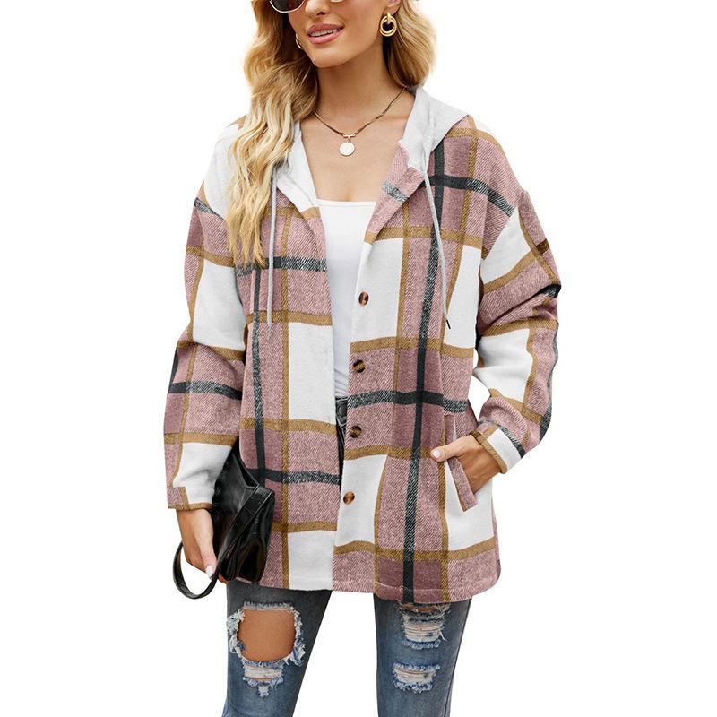 2024 Women's Autumn and Winter New Women's Plaid Coat Hooded Casual Loose Shirt