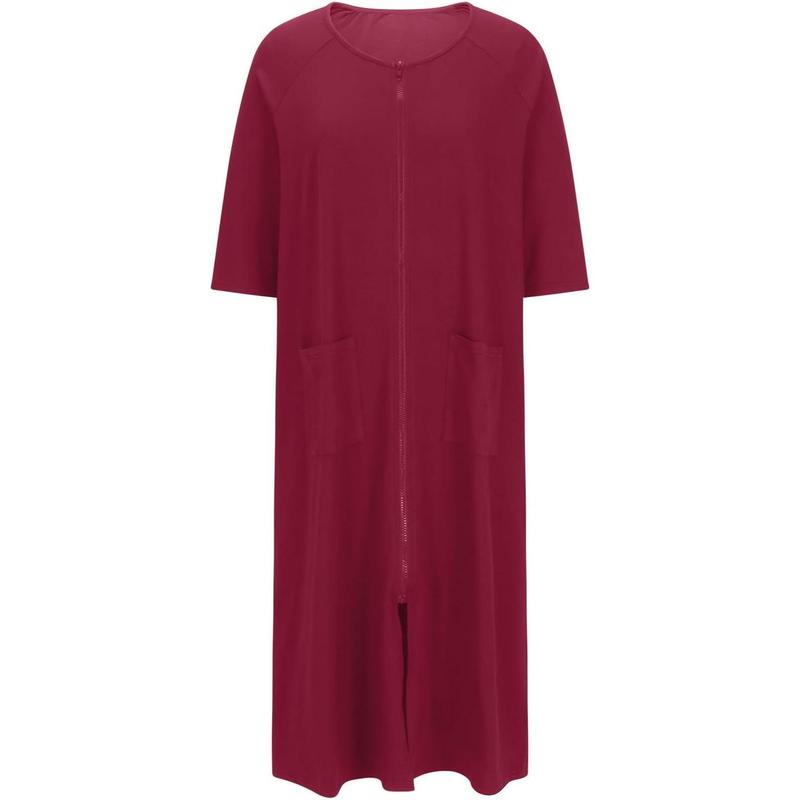 Beibei Womenswear Nightgown House Dress 3 4 Sleeve Zip Up Robe Long Lounge Dress Side Split House Coat Sleepwear with Pocket Cotton Fabric Silk