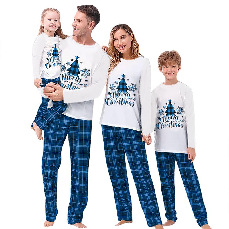 Family Matching Christmas Pajamas, Christmas Tree&Letter Print Long-Sleeved Tops + Plaid Trousers Sleepwear Outfits Pants Womenswear