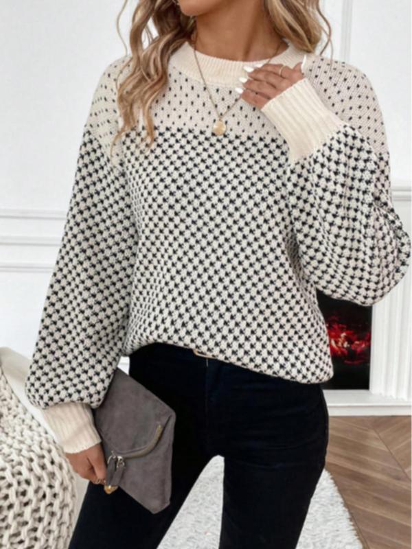  Houndstooth Print Drop Shoulder Sweater, Casual Long Sleeve Round Neck Jumper for Daily Outdoor Wear, Women Plus Clothing for All Seasons