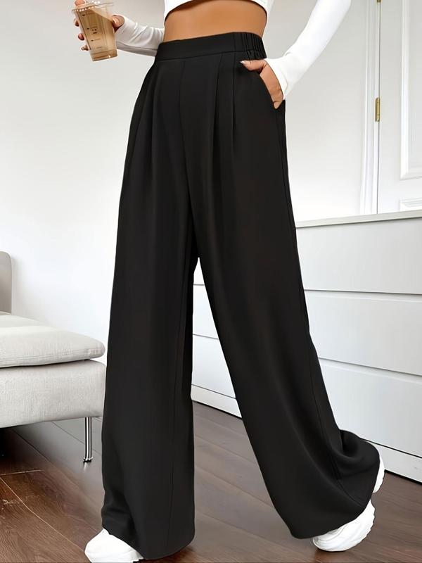 Women's Solid Pocket Elastic Waist Wide Leg Pants, Casual Comfy Trousers for Daily Wear, Ladies Bottoms for All Seasons