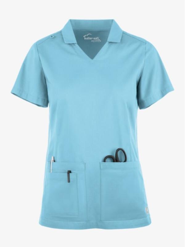 Butter-Soft STRETCH Women's 3-Pocket Short Sleeve Collar and Knit Panels Scrub Top